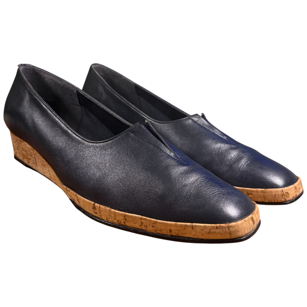 Magdesian Women's 10 Navy Leather Cork Wedge Heels Comfort Casual Italy - Picture 7 of 11